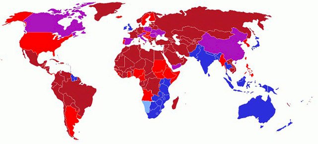 Các nước và vùng lãnh thổ (màu xanh) quy định lái xe bên trái đường (LHT)