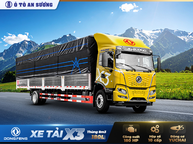 Xe tải Dongfeng X3 180L thùng mui bạt 8m3 tải 8.25 tấn Xe tải Dongfeng X3 180L thùng mui bạt 8m3 tải 8.25 tấn
