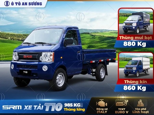Xe tải SRM T10 máy xăng thùng lửng dài, tải trọng 985kg Xe tải SRM T10 máy xăng thùng lửng dài, tải trọng 985kg
